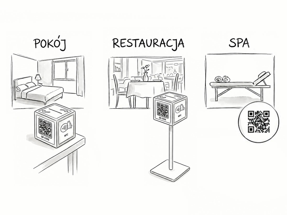 Nośniki LinkHo NFC/QR w kluczowych punktach obiektu
