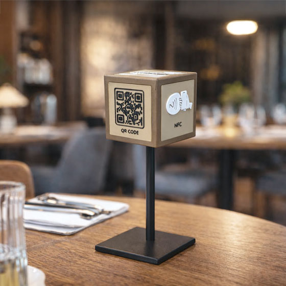 Kostka LinkHo na stojaku, na stoliku restauracyjnym