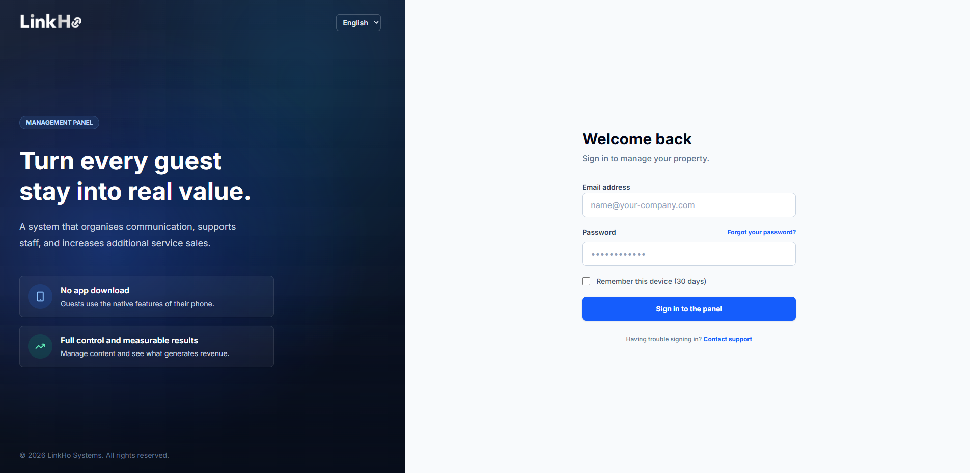 LinkHo login panel